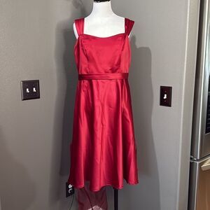 David's Bridal Red Satin Dress F14556 with Sheer Shawl Tea length Wide Strap